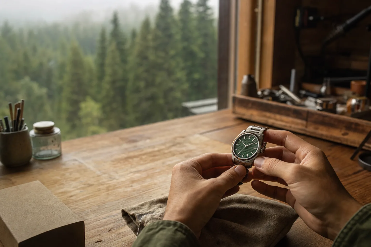 Hands holding a green-dialed mechanical watch on a cloth-covered counter, dense forest visible through the studio window