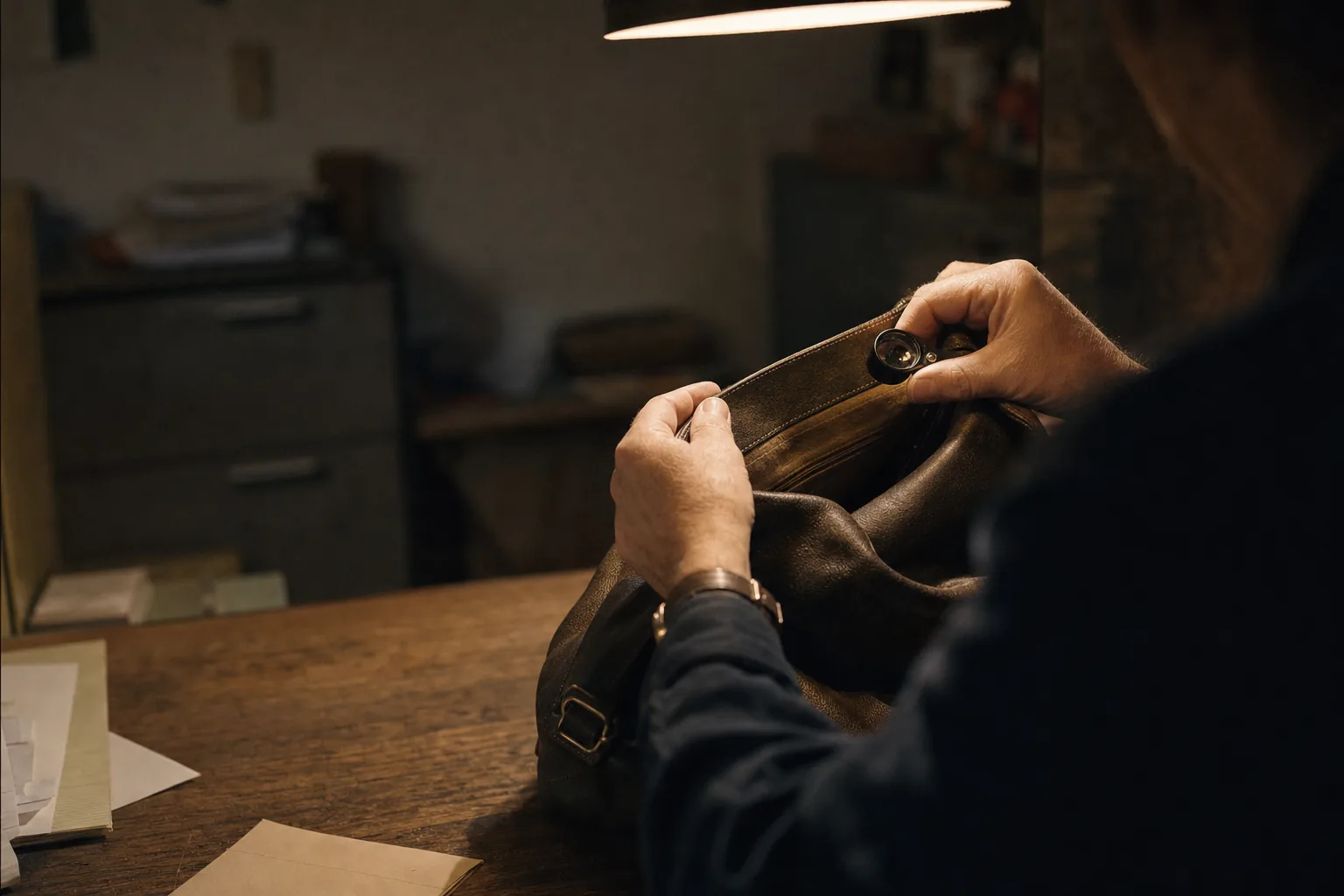 Hands holding a loupe close to the interior seam of an unbranded leather bag on a wooden counter