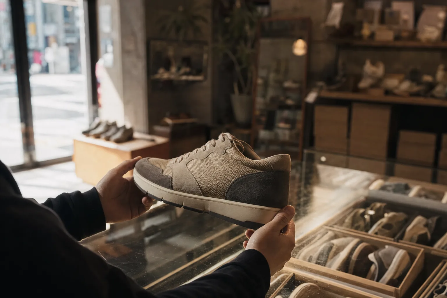 Hands examining a premium mixed-material sneaker over a glass counter inside a narrow Tokyo sneaker boutique