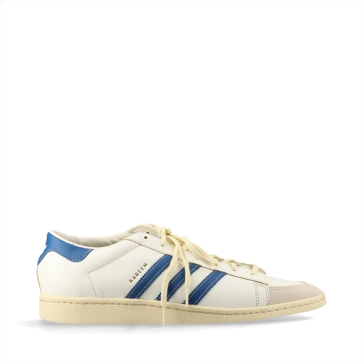 Low-profile sneakers in blue suede and white leather with three-stripe side detail.