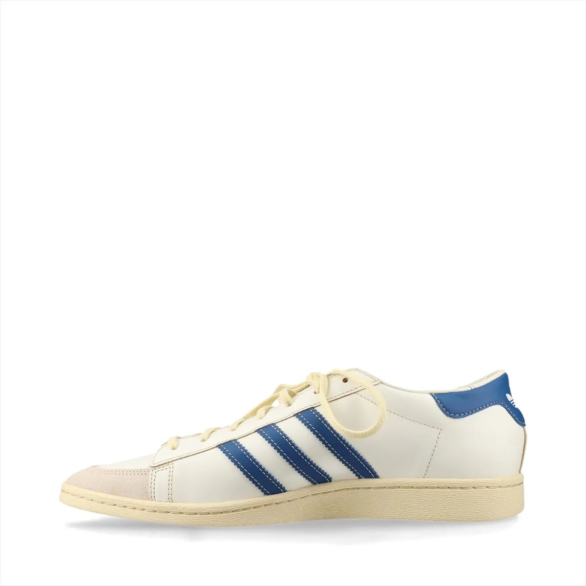 Low-profile sneakers in blue suede and white leather with three-stripe side detail.