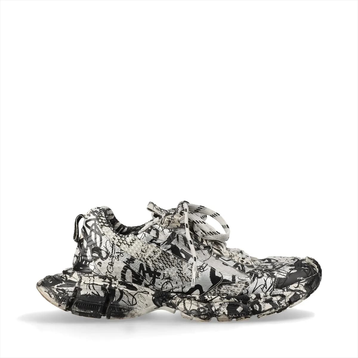 Oversized chunky sneaker in black with silver graffiti-style all-over print and mesh panels.