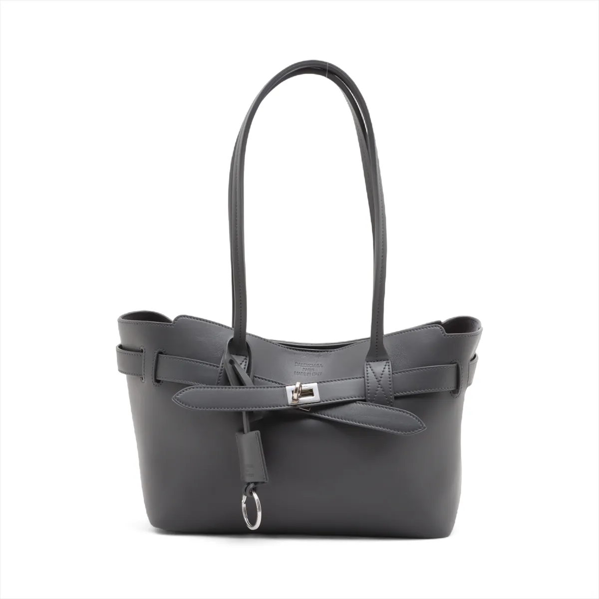 Structured grey leather tote bag with twin handles and a hanging key holder.