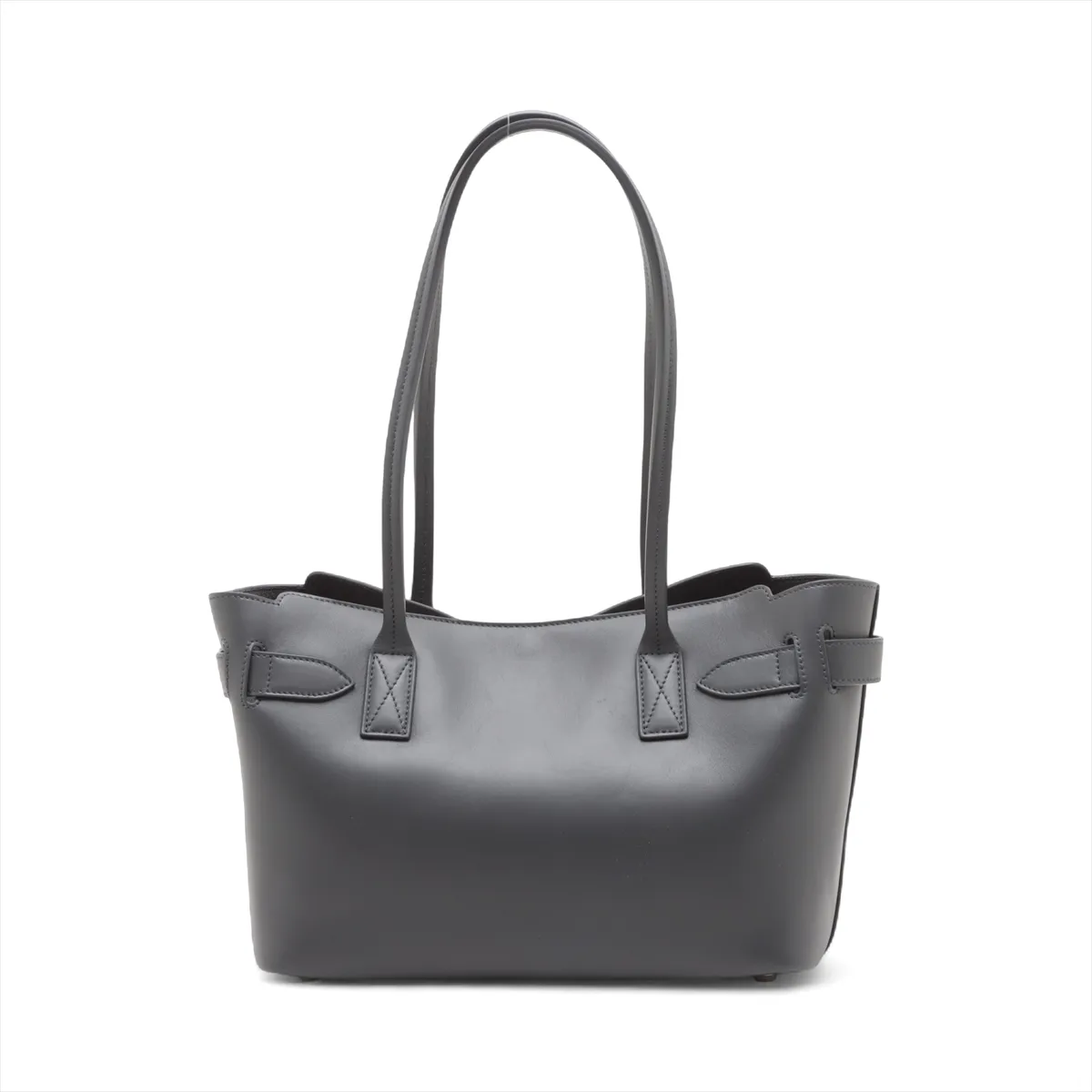 Structured grey leather tote bag with twin handles and a hanging key holder.
