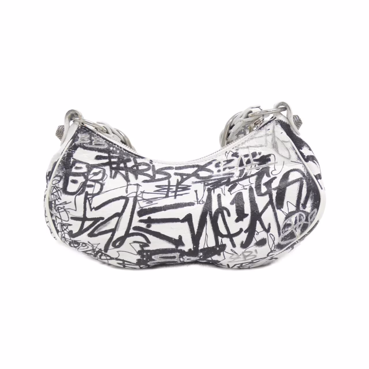 Slouchy shoulder bag with studded hardware, buckle strap and graffiti-style printing.