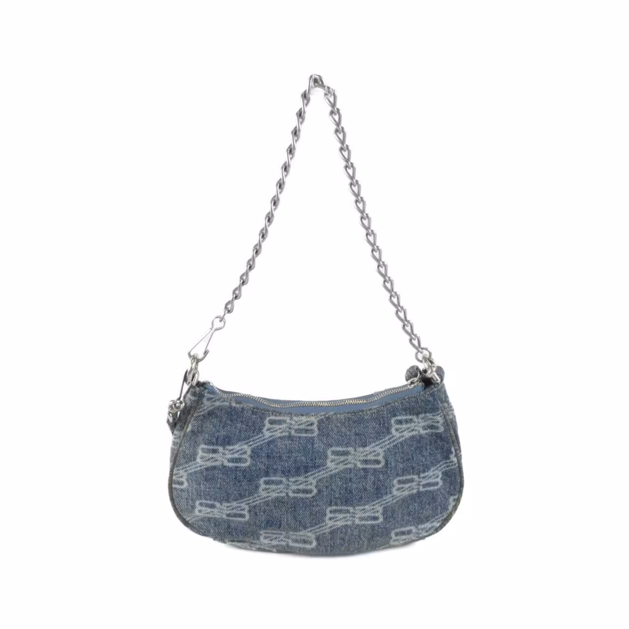 Small slouchy crescent-shaped black leather bag with studded edges, buckle detail and a zip pull