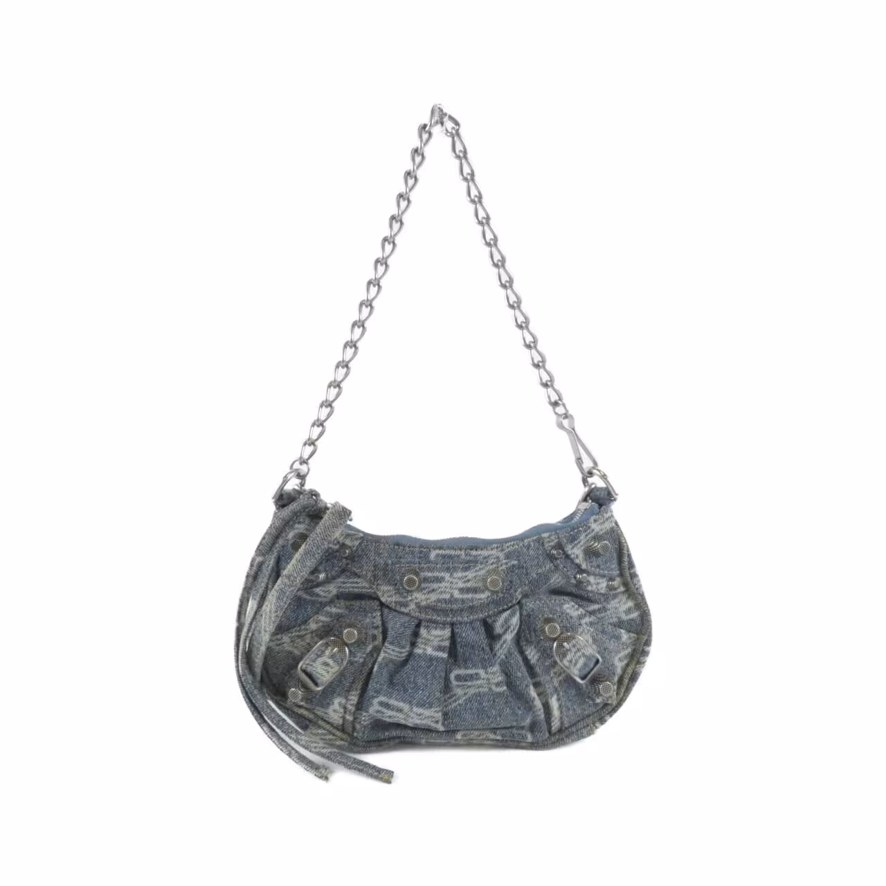 Small slouchy crescent-shaped black leather bag with studded edges, buckle detail and a zip pull