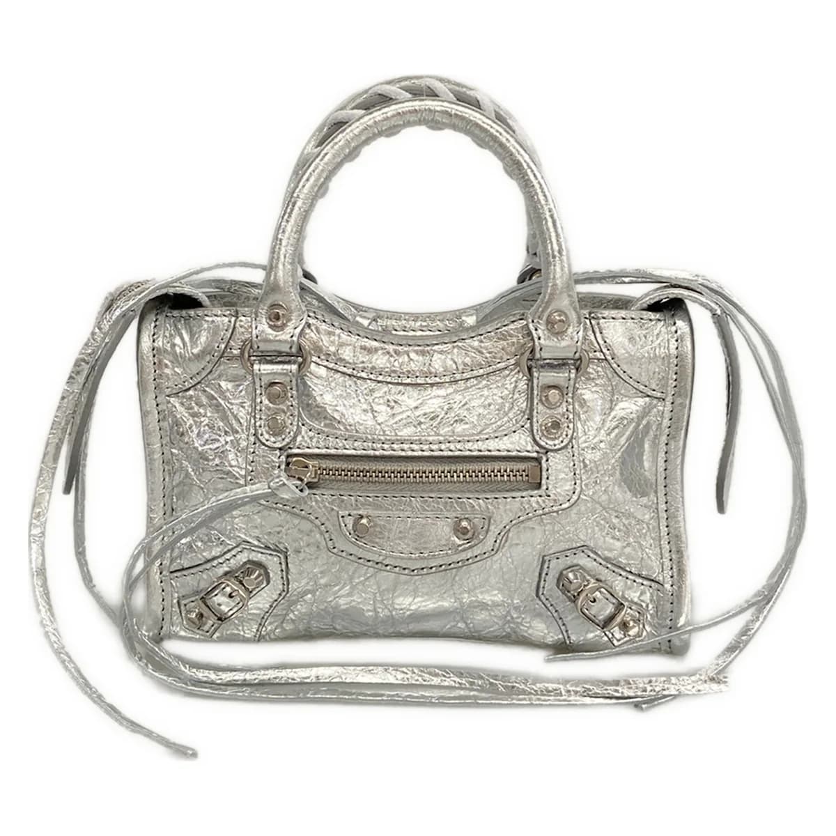Very small metallic silver handbag with twin rolled handles and zip closure.