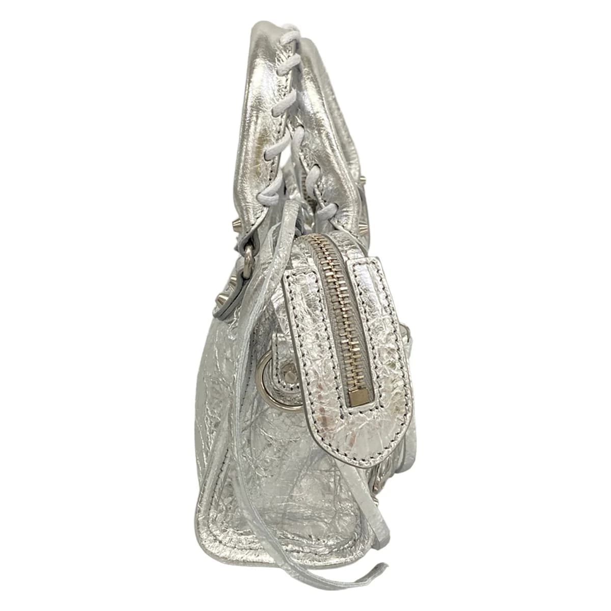 Very small metallic silver handbag with twin rolled handles and zip closure.