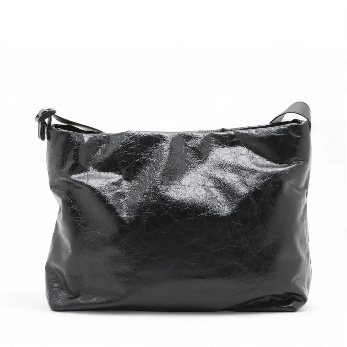 Black leather shoulder bag with chain strap and metal closure at the front flap.