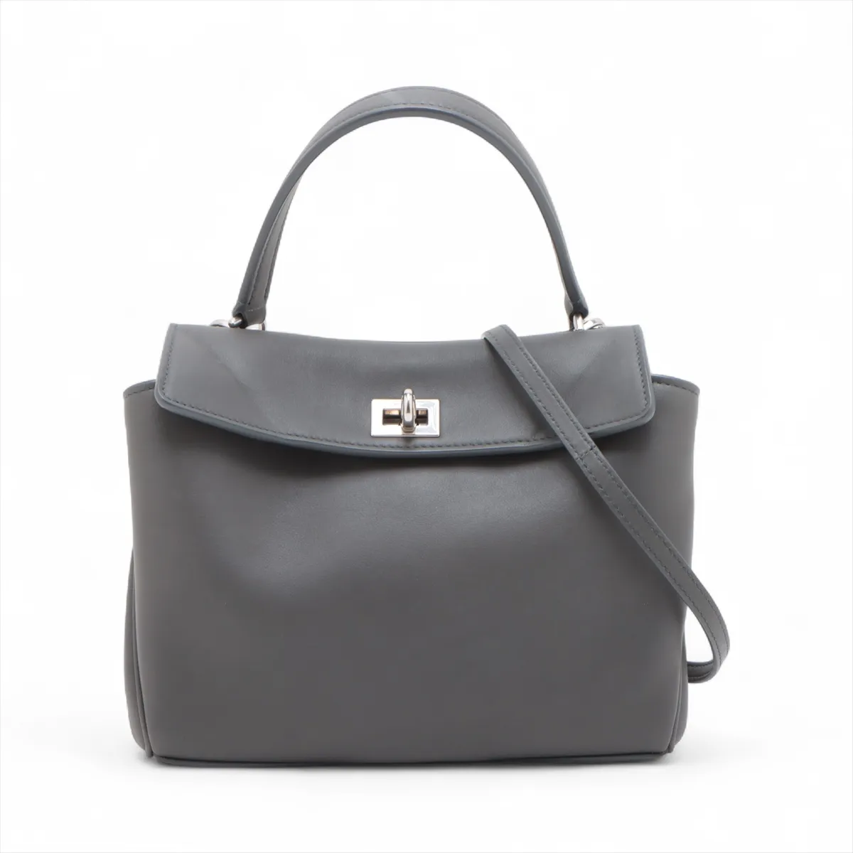 Grey leather handbag with top handle, hanging key holder and detachable shoulder strap.