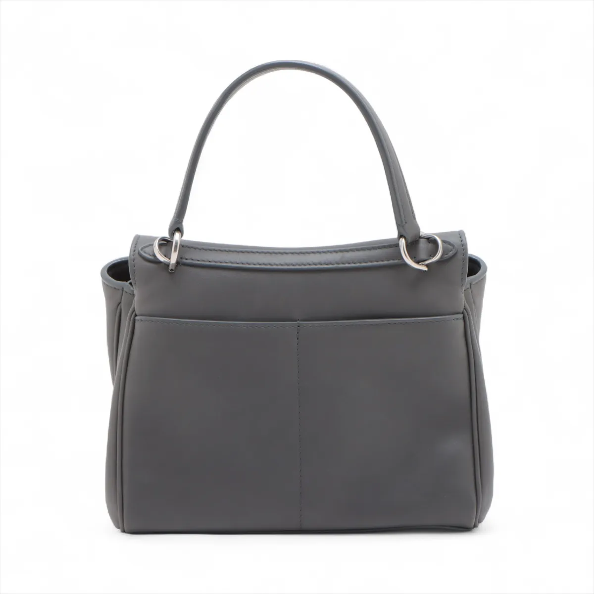 Grey leather handbag with top handle, hanging key holder and detachable shoulder strap.