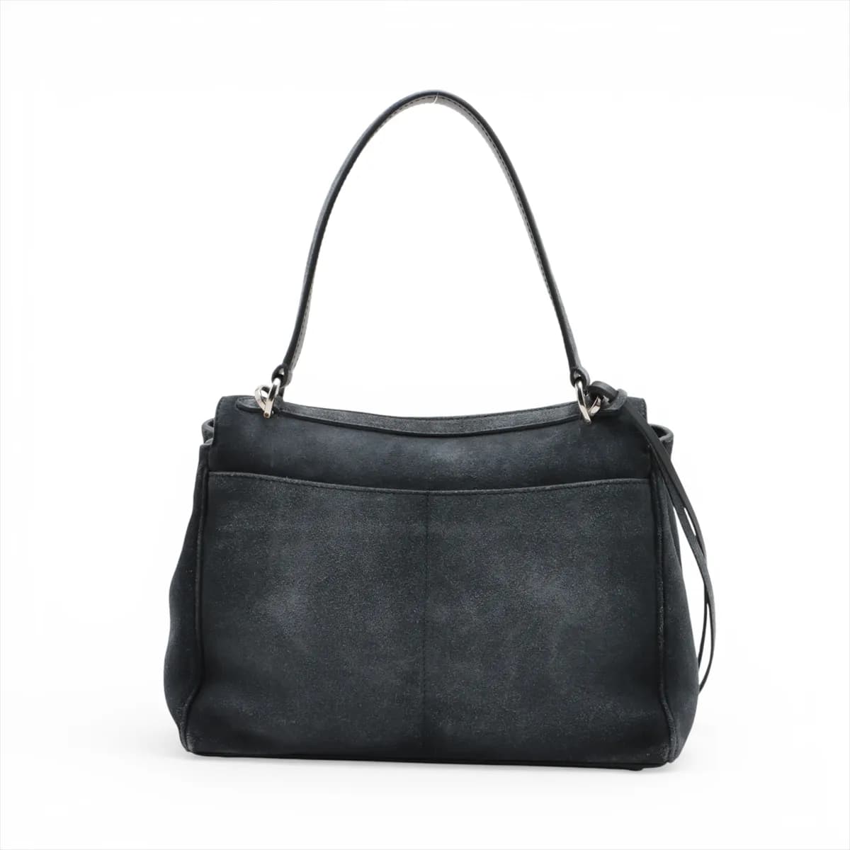 Slouchy grey suede handbag with a curved top handle, hanging key holder and detachable strap.