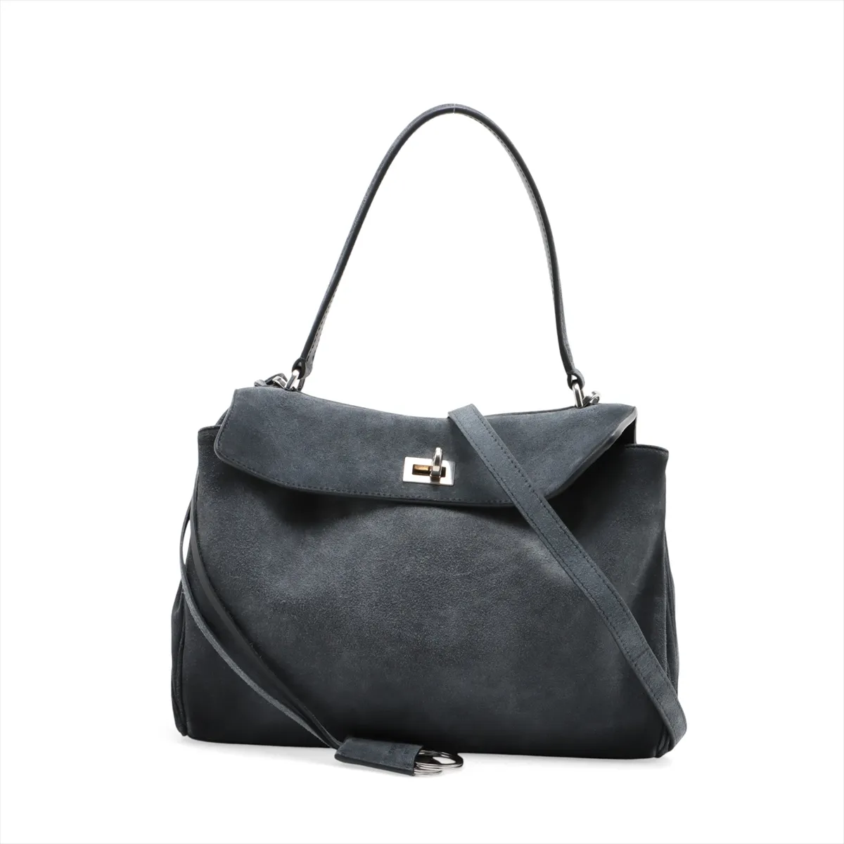 Slouchy grey suede handbag with a curved top handle, hanging key holder and detachable strap.