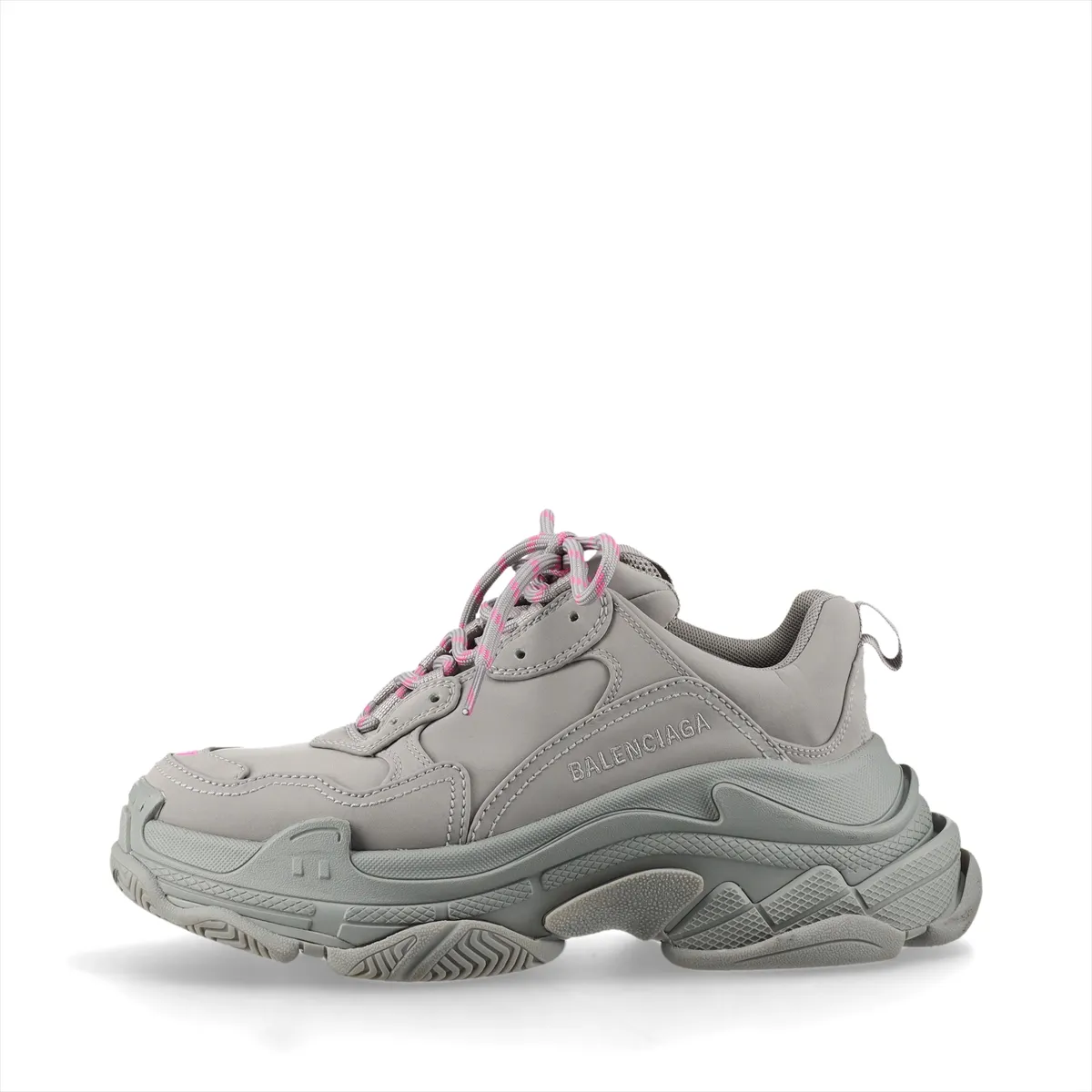 Chunky layered-sole sneaker in grey fabric with oversized multi-tier midsole.