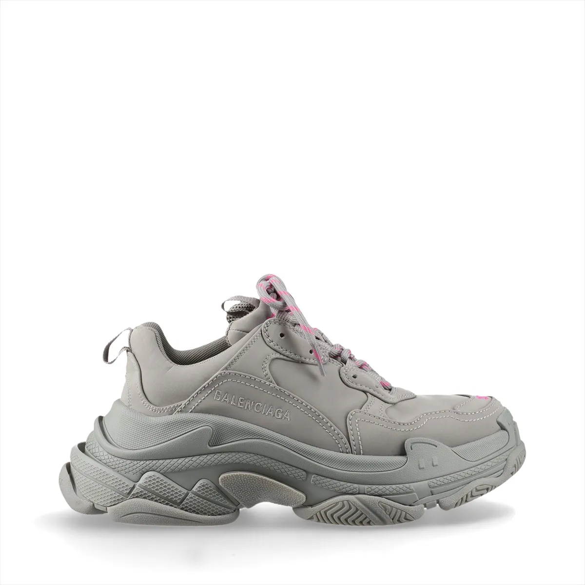 Chunky layered-sole sneaker in grey fabric with oversized multi-tier midsole.