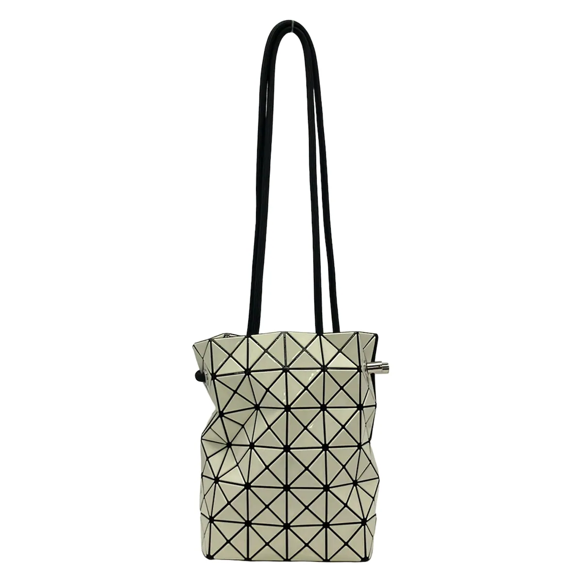 Geometric panelled shoulder bag with adjustable strap, shown upright.