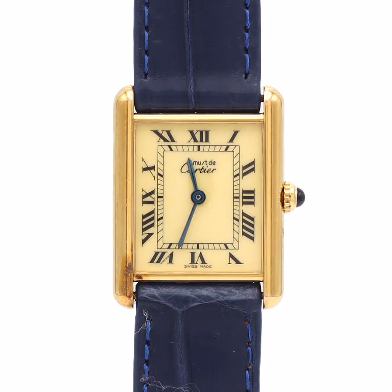 Rectangular gold-tone wristwatch with Roman numeral dial and a leather strap.