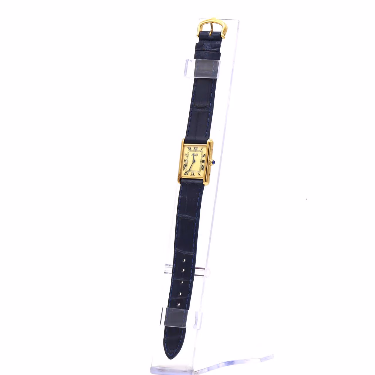Rectangular gold-tone wristwatch with Roman numeral dial and a leather strap.