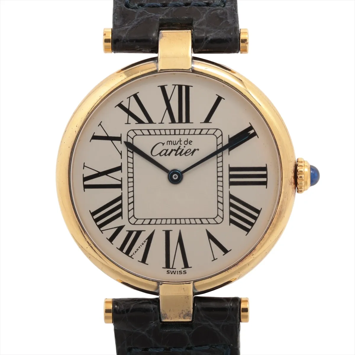 Rectangular-cased watch with silver dial, Roman numerals and a leather strap.