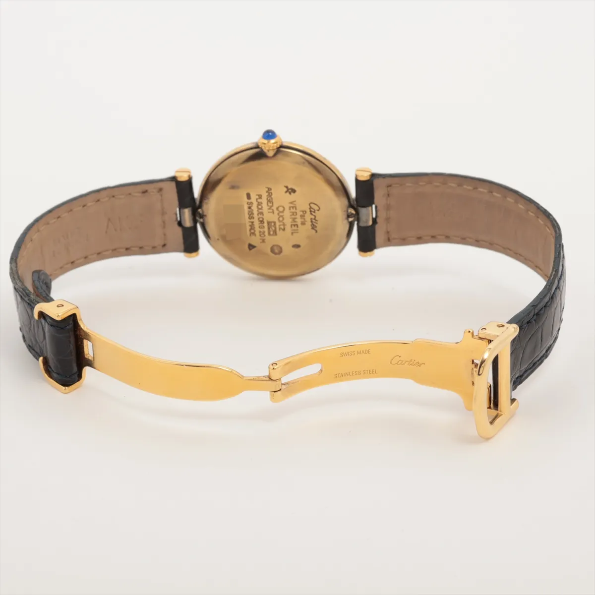 Rectangular-cased watch with silver dial, Roman numerals and a leather strap.