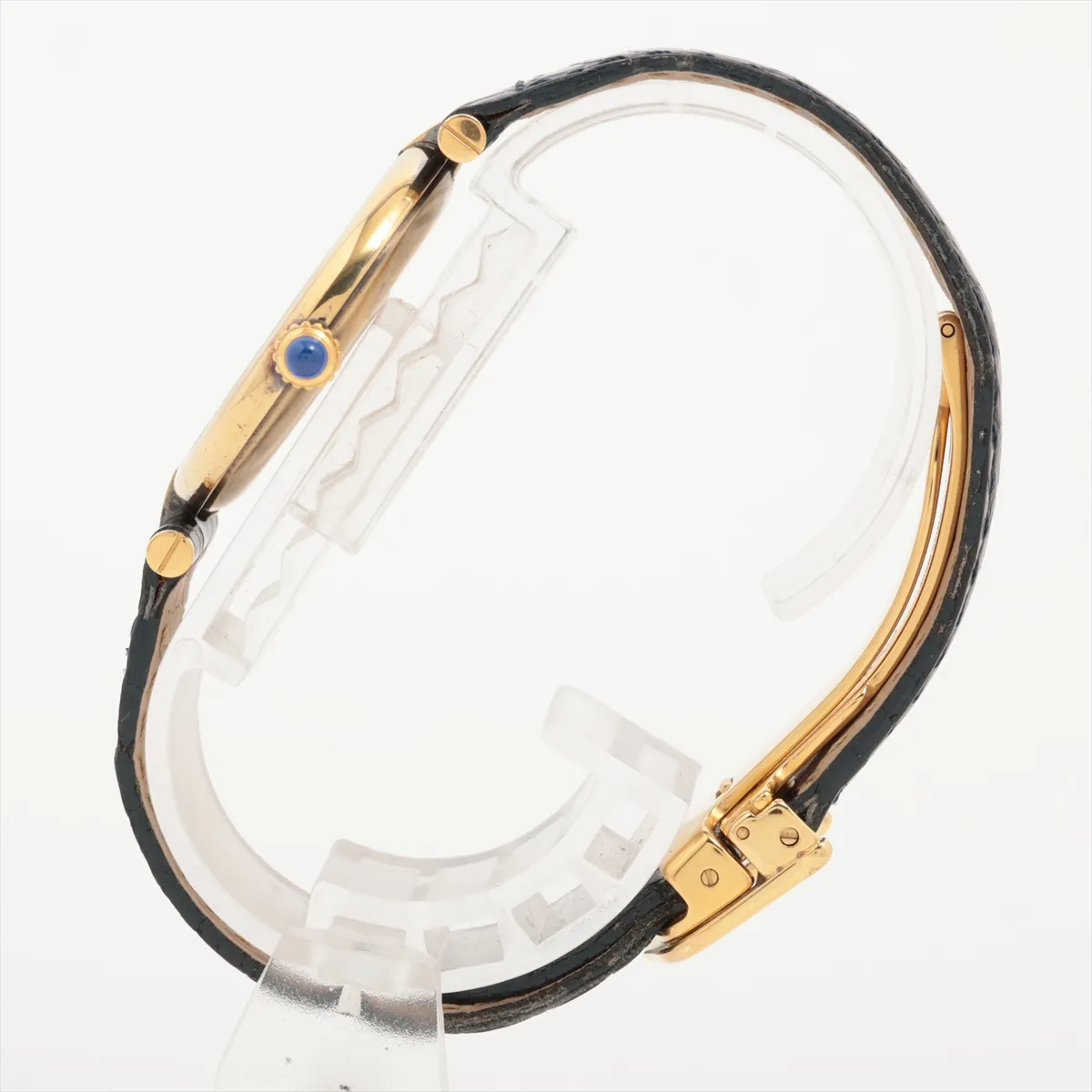 Rectangular-cased watch with silver dial, Roman numerals and a leather strap.