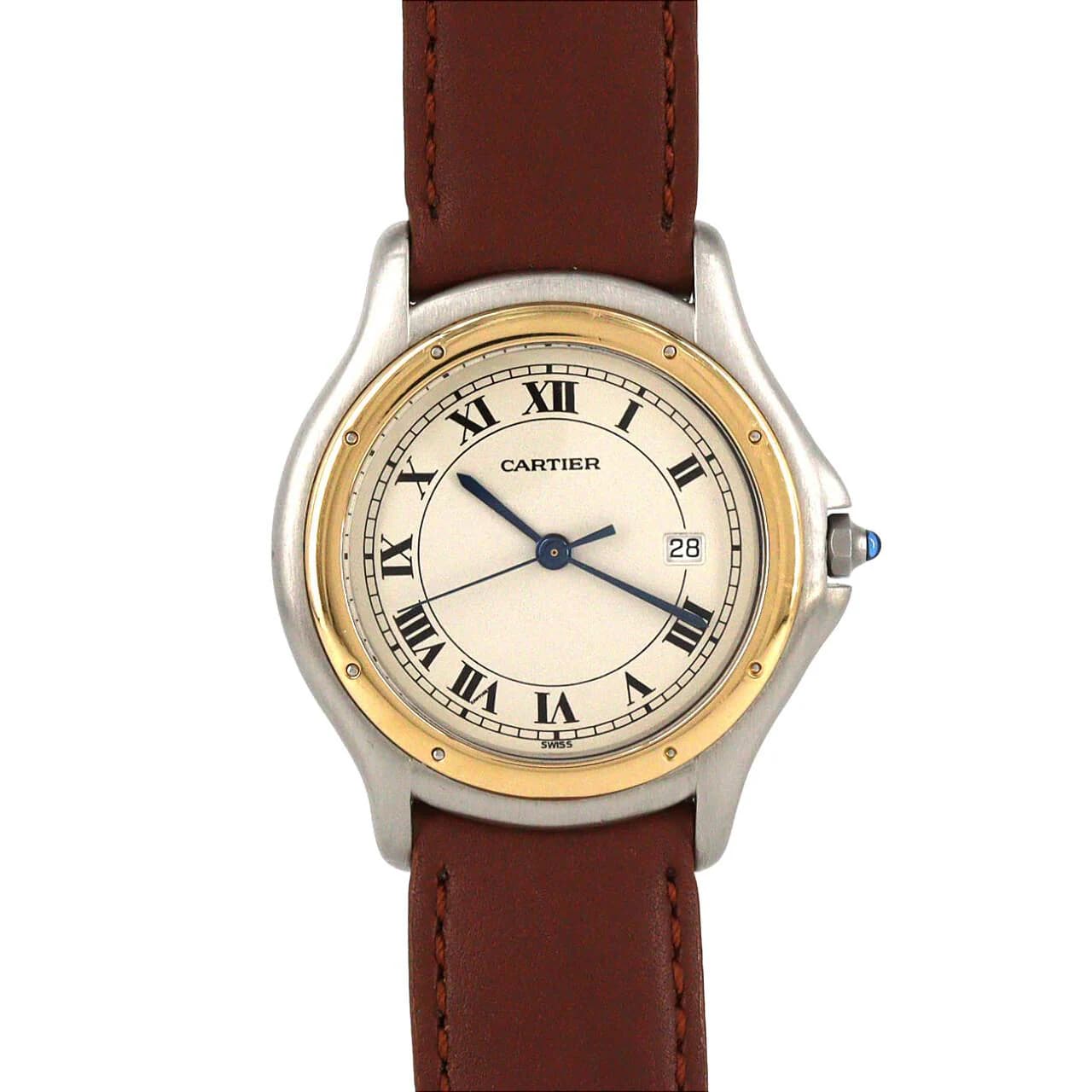 Two-tone steel and gold watch with square dial and link bracelet.