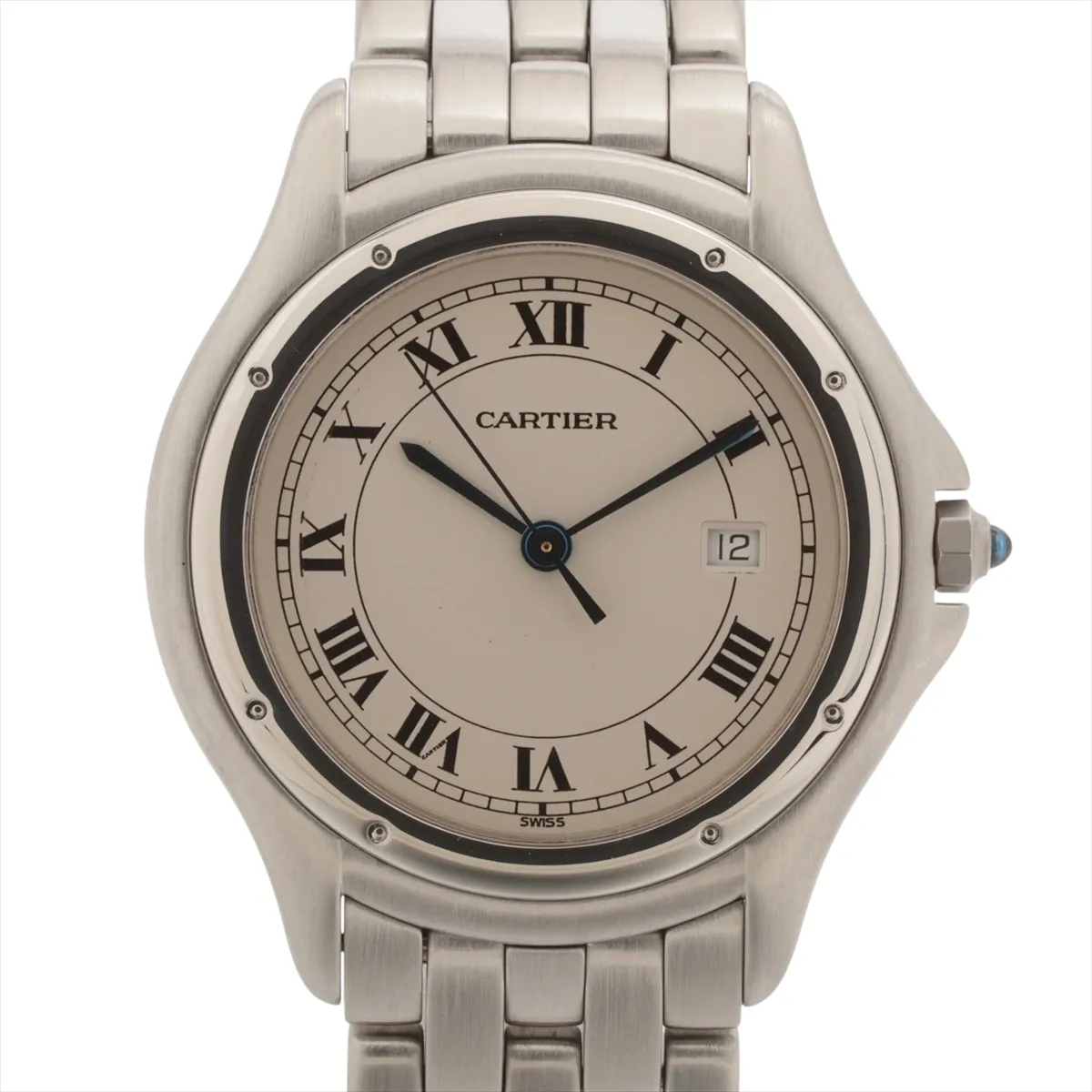 Steel watch with rounded case, ivory dial, Roman numerals and a flat link bracelet.