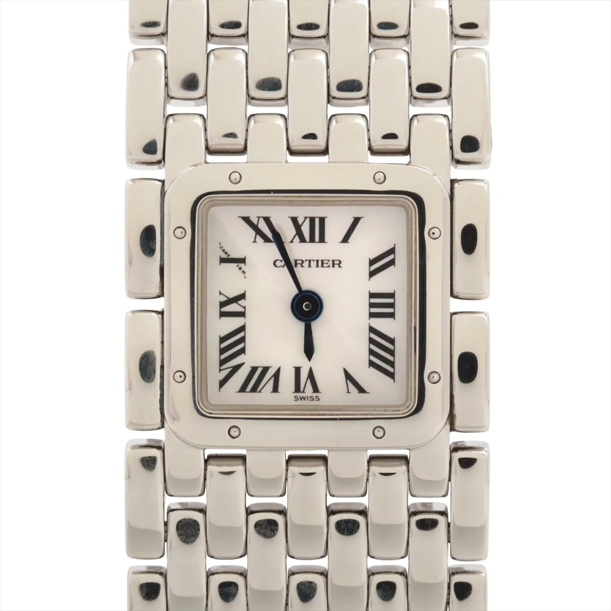 Rectangular steel watch with a pale pink iridescent dial and integrated steel bracelet.