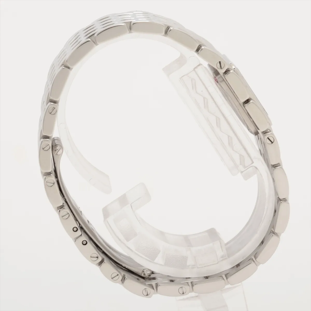 Rectangular steel watch with a pale pink iridescent dial and integrated steel bracelet.