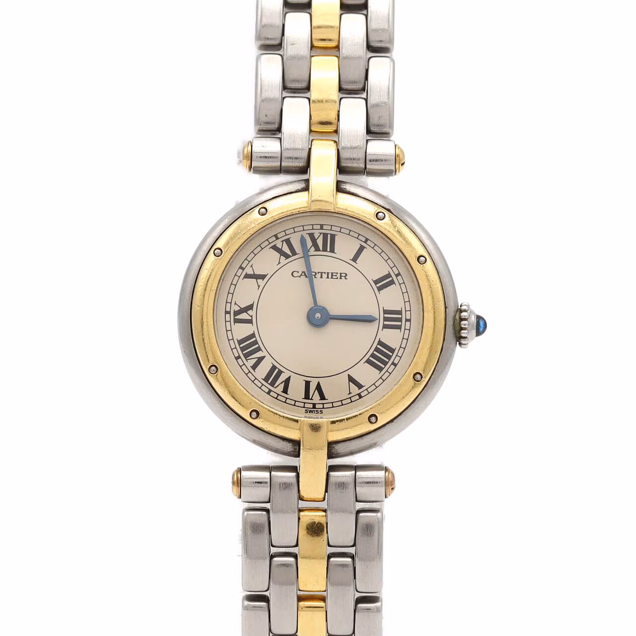 Small two-tone watch with square dial, Roman numerals and steel-and-gold link bracelet.