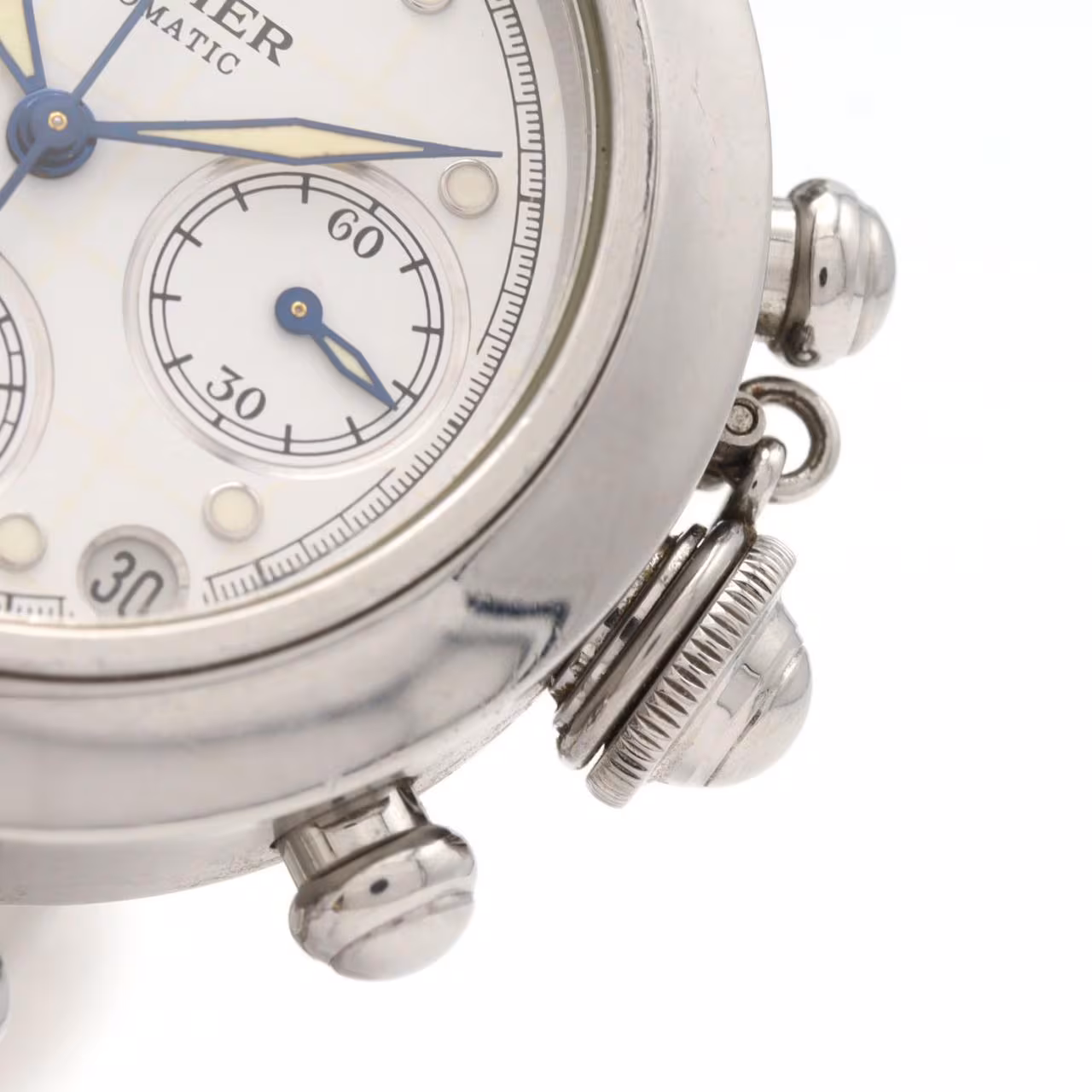 Round steel chronograph watch with screw-down crown cover and steel bracelet.