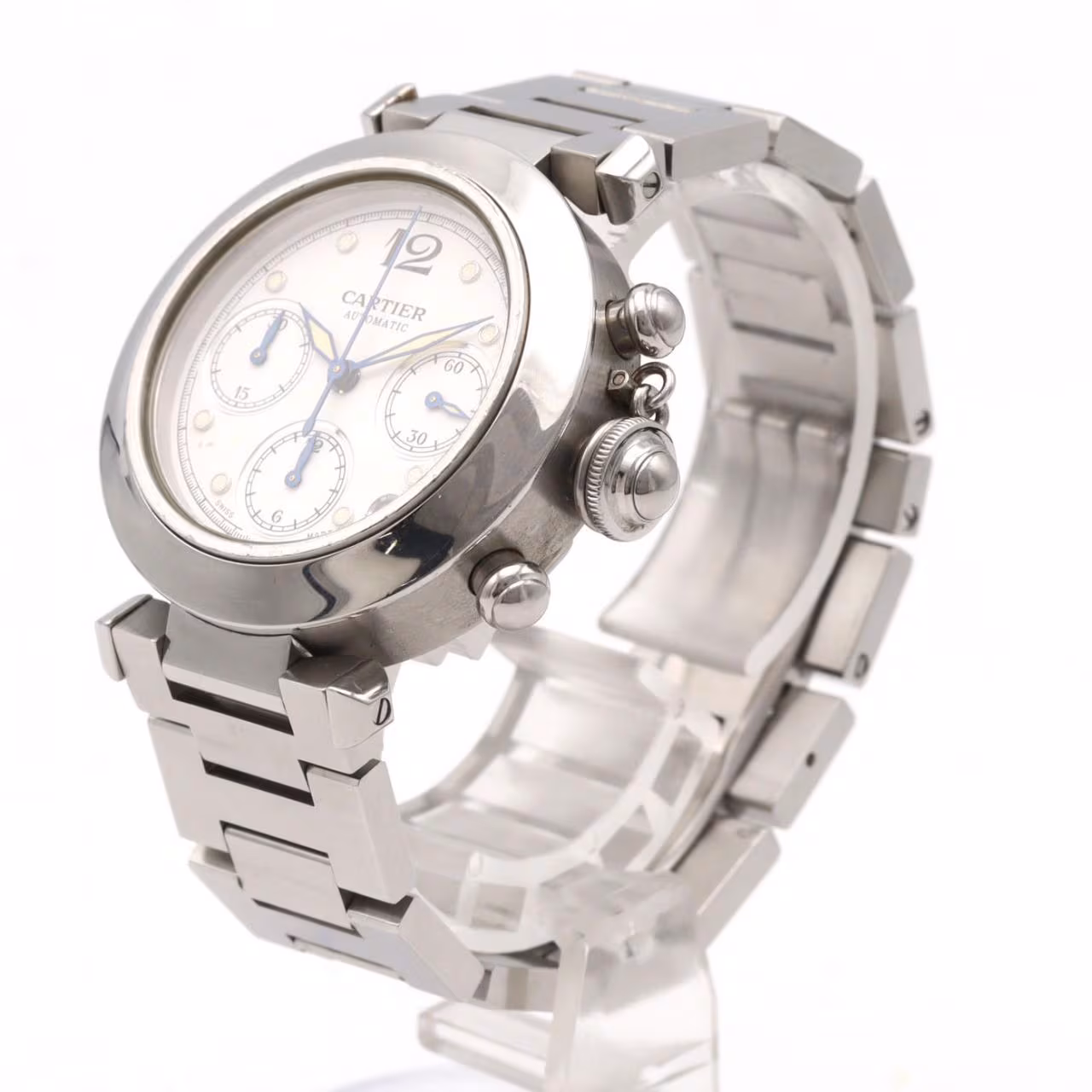 Round steel chronograph watch with screw-down crown cover and steel bracelet.