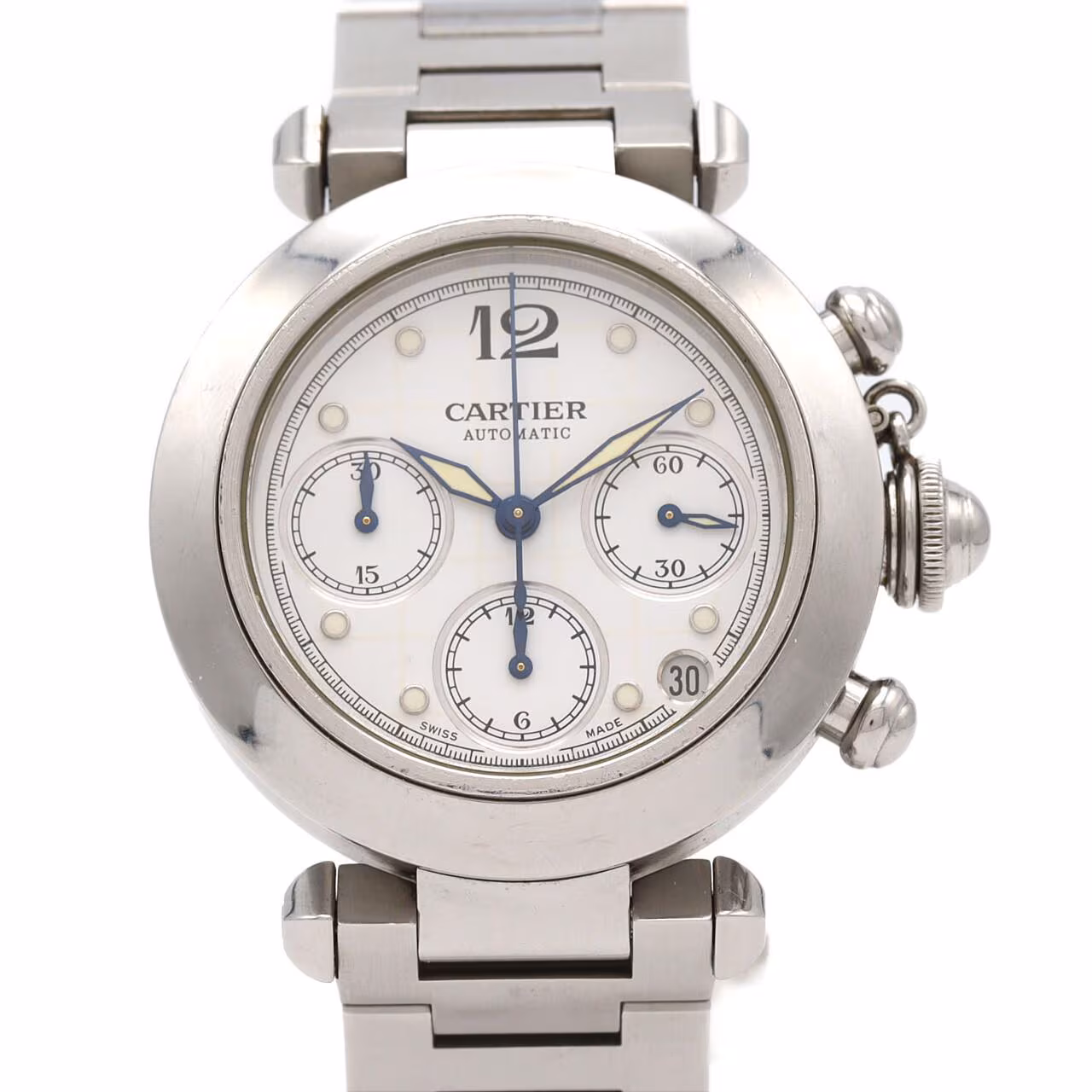 Round steel chronograph watch with screw-down crown cover and steel bracelet.