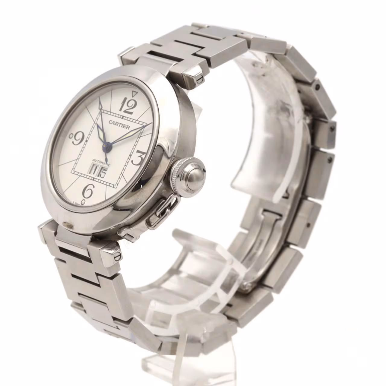 Round steel wristwatch with a white dial, date window and screw-down crown cover on a steel bracelet.
