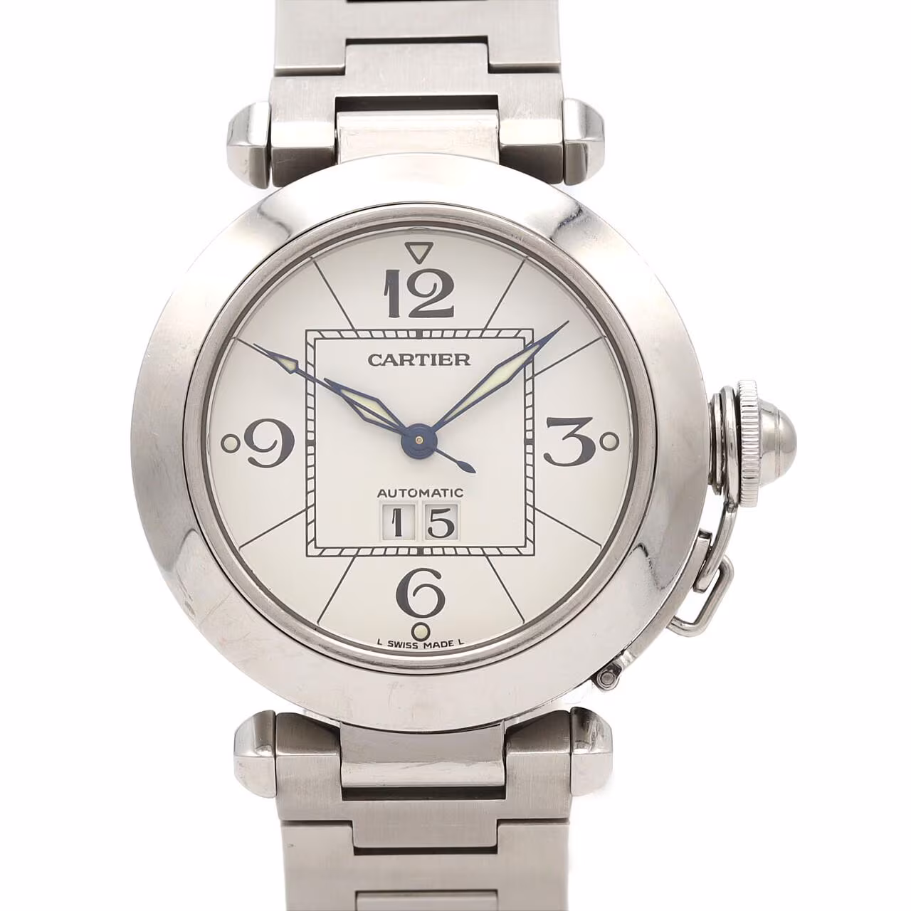 Round steel wristwatch with a white dial, date window and screw-down crown cover on a steel bracelet.