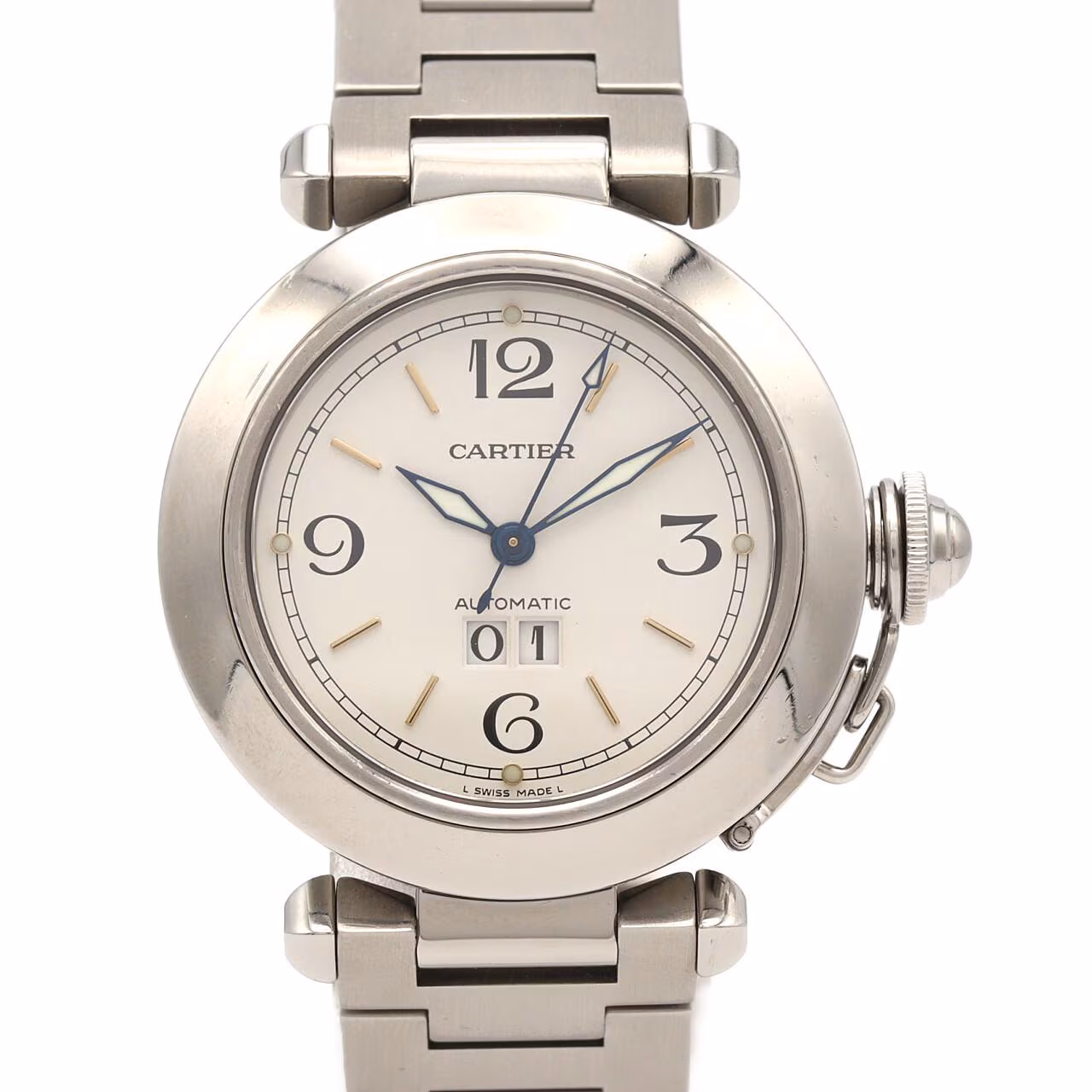 Round steel watch with large date aperture, chained crown cover and steel bracelet.