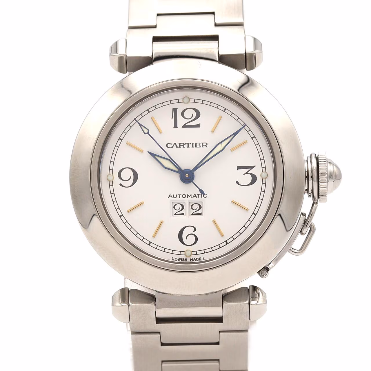 Round steel watch with white dial, date window and steel bracelet.