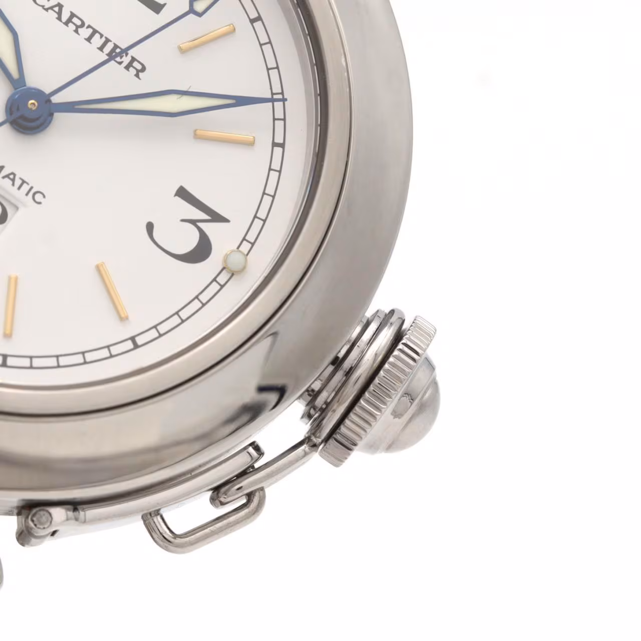Round steel watch with white dial, date window and steel bracelet.