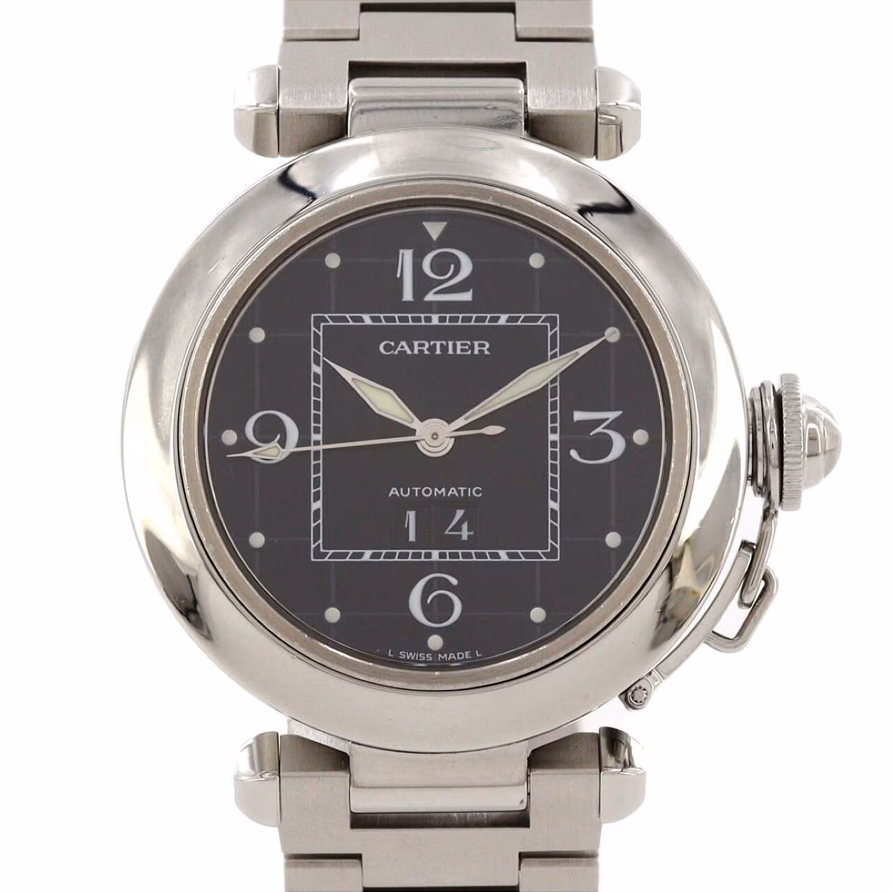 Round steel wristwatch with a screw-down crown cap and large date display.