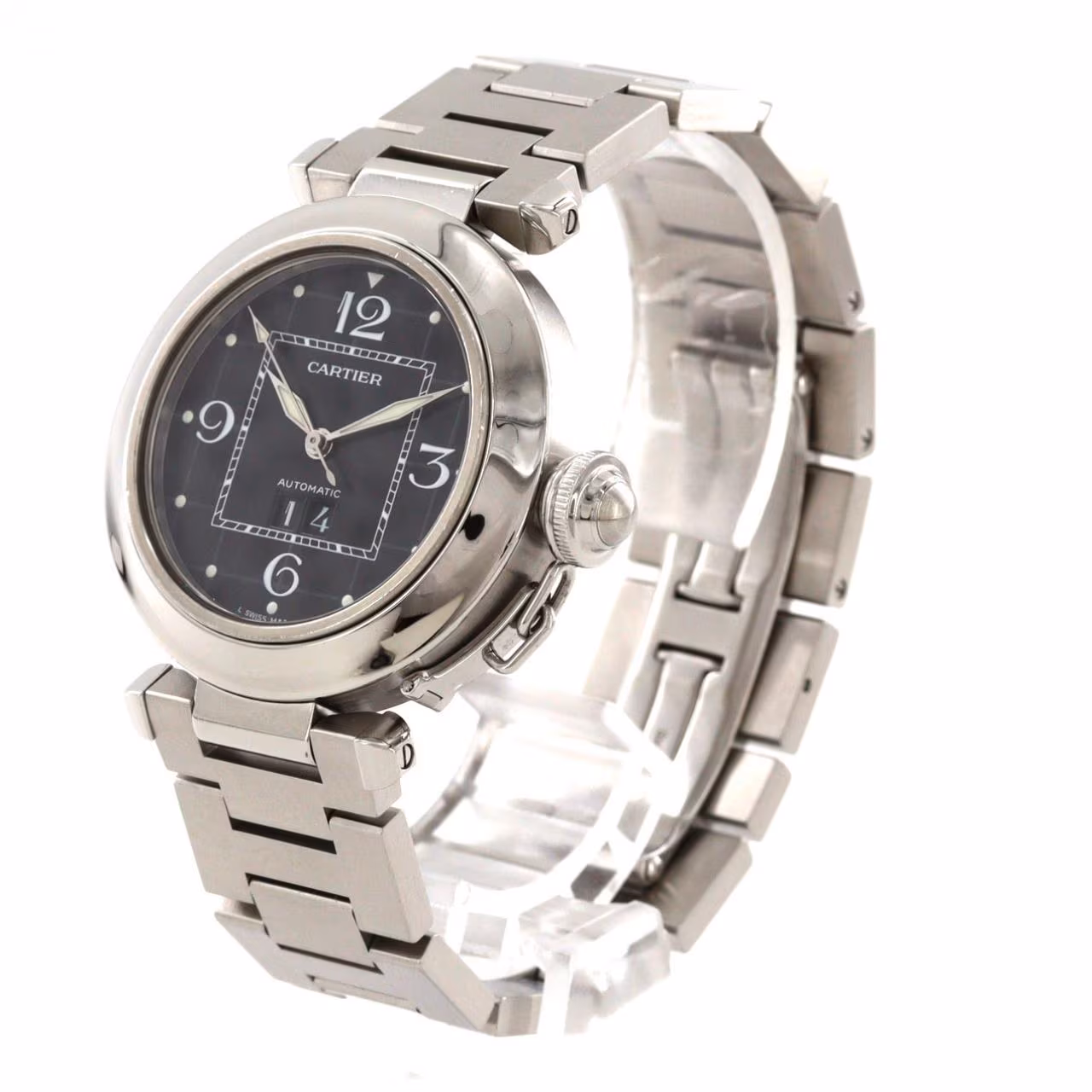 Round steel wristwatch with a screw-down crown cap and large date display.