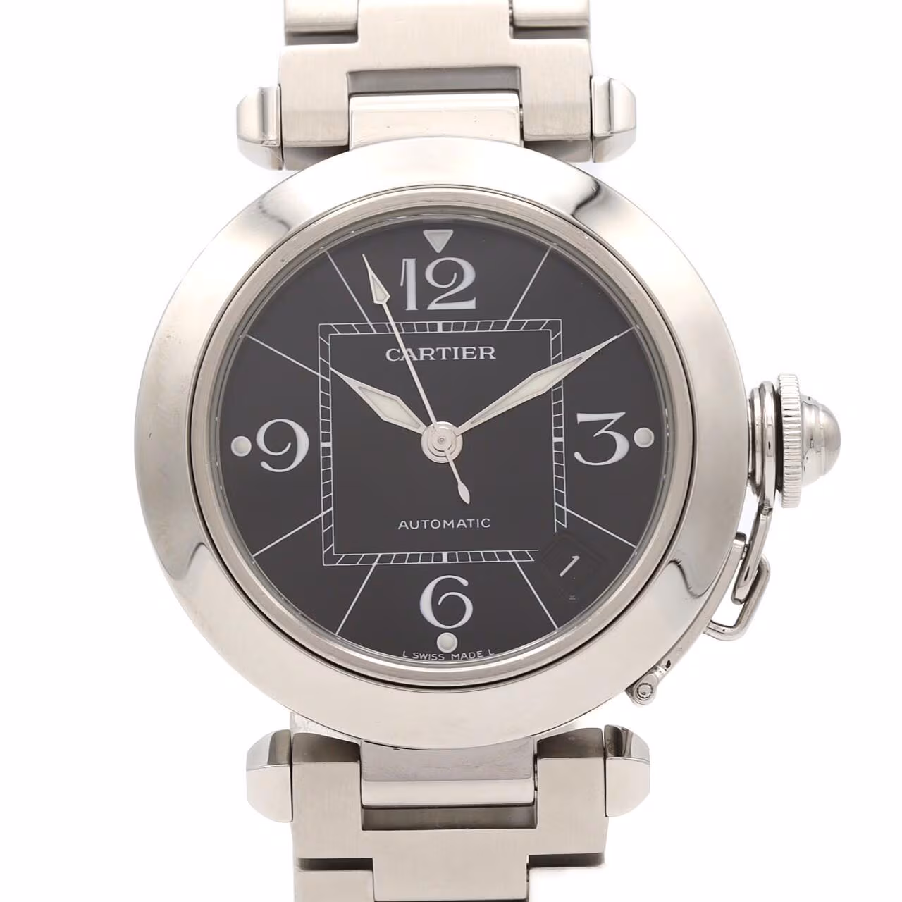 Round steel wristwatch with a screw-down crown cap and steel bracelet.