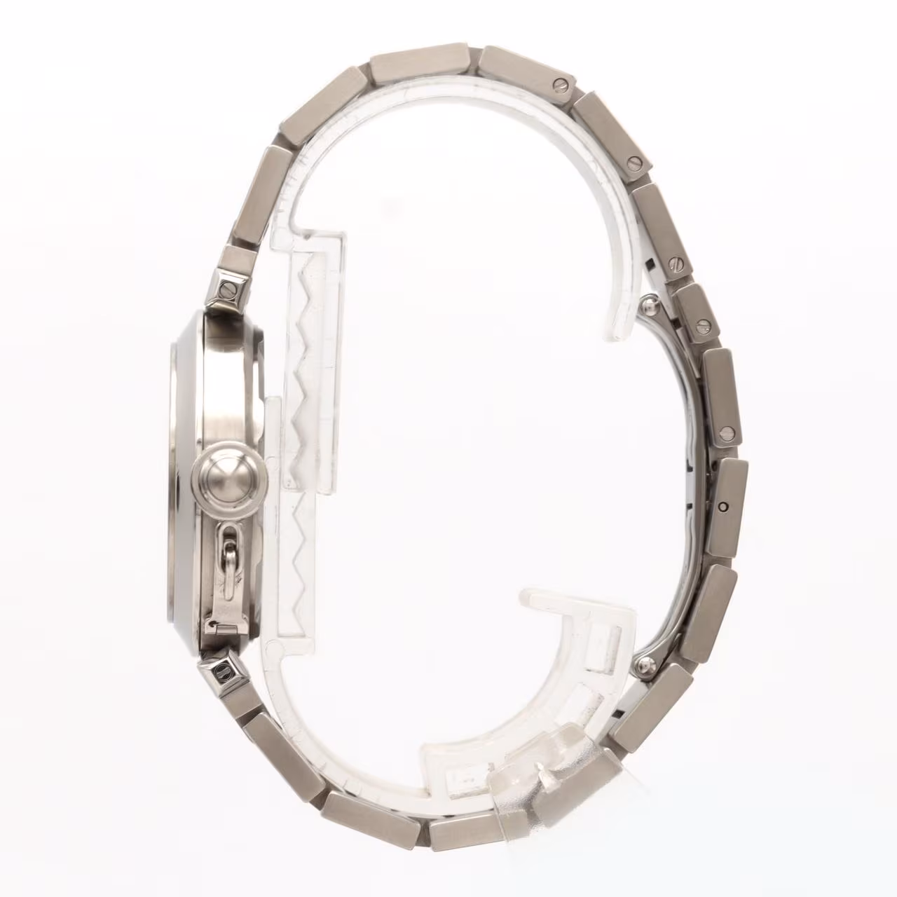 Round steel wristwatch with a screw-down crown cap and steel bracelet.