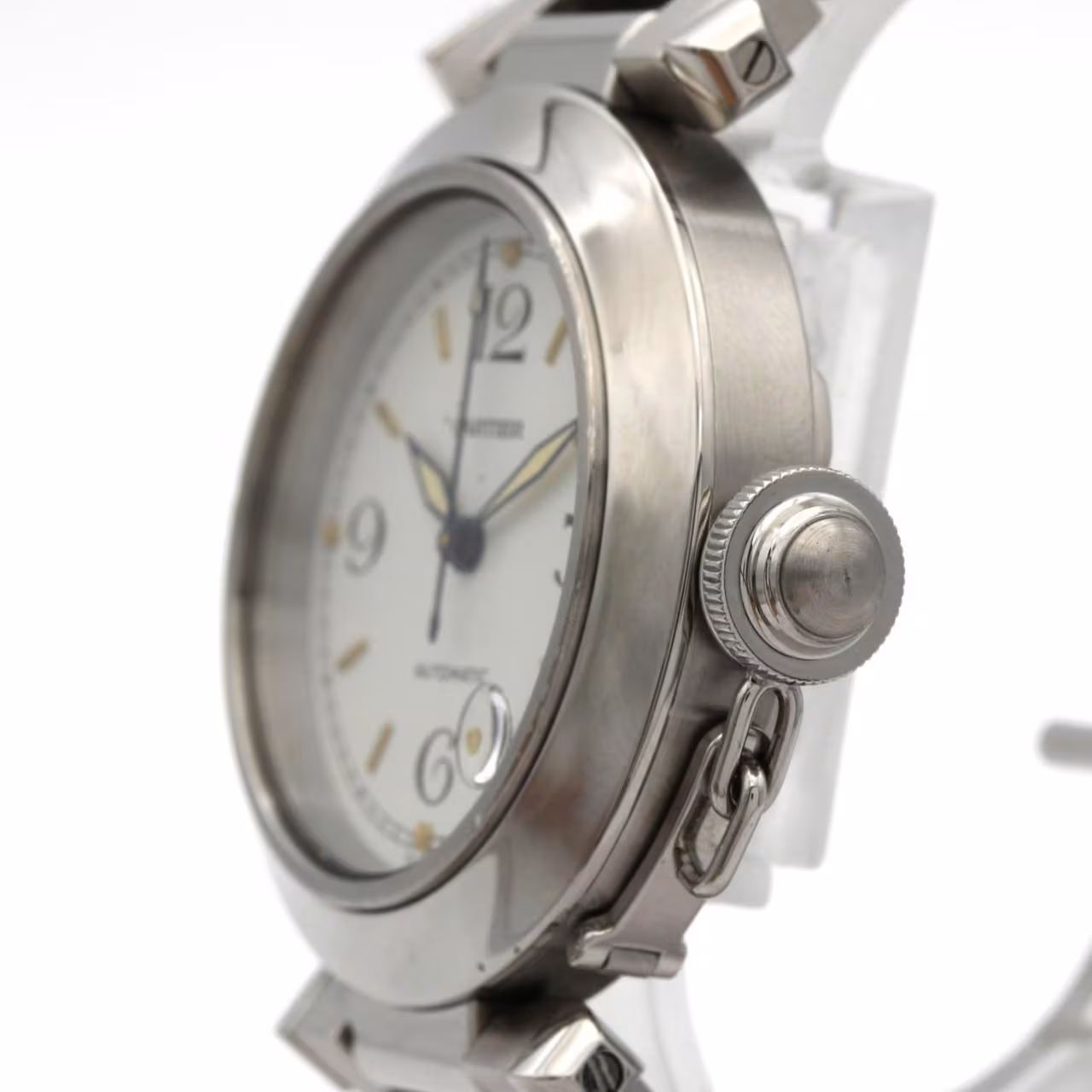 Round steel watch with Arabic numerals and steel bracelet.