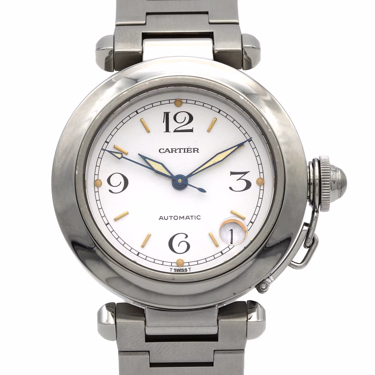 Round steel watch with Arabic numerals and steel bracelet.