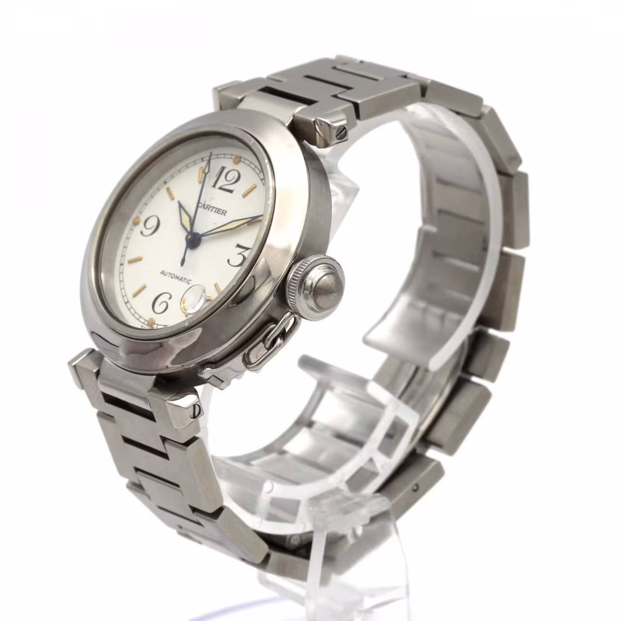 Round steel watch with Arabic numerals and steel bracelet.
