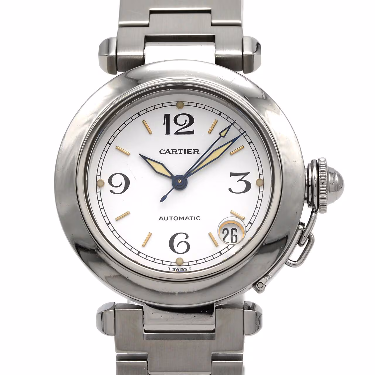 Round steel automatic watch with screw-down crown cover and steel bracelet.