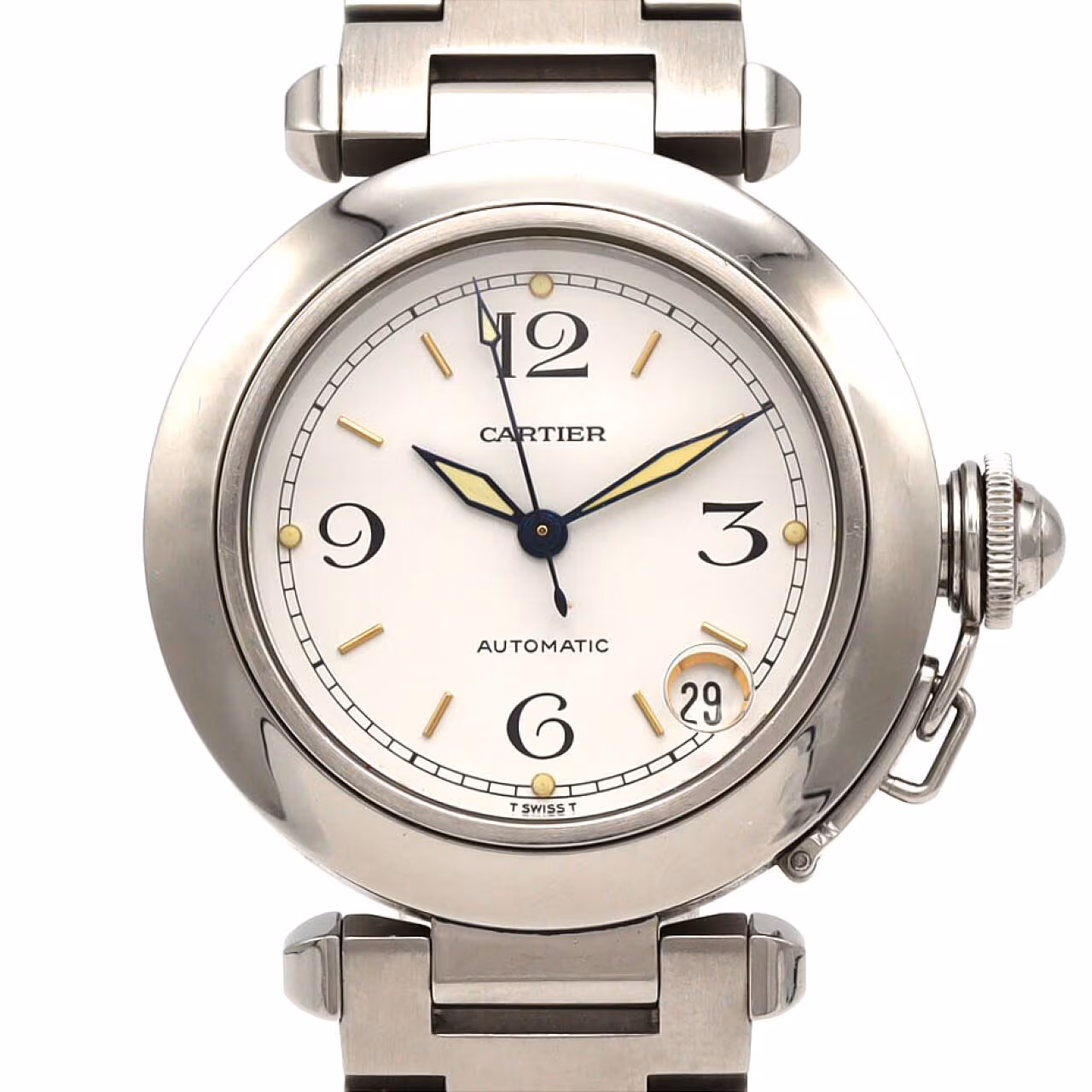 Round steel wristwatch with Arabic numeral dial and integrated steel bracelet.