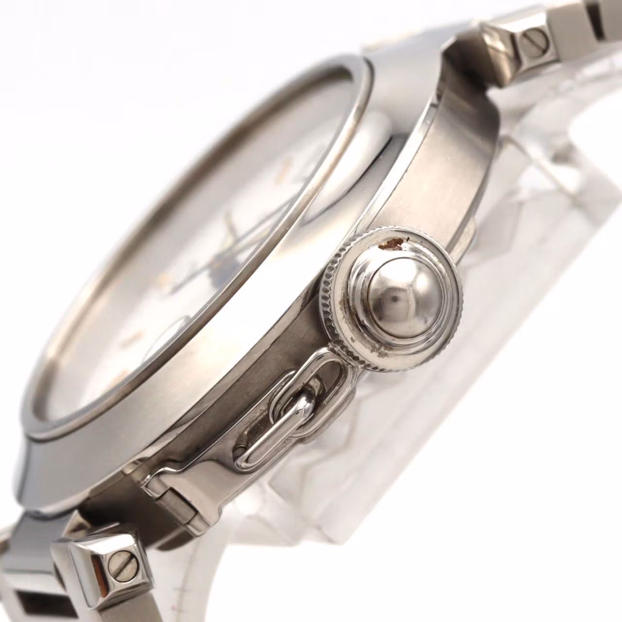 Round steel wristwatch with Arabic numeral dial and integrated steel bracelet.