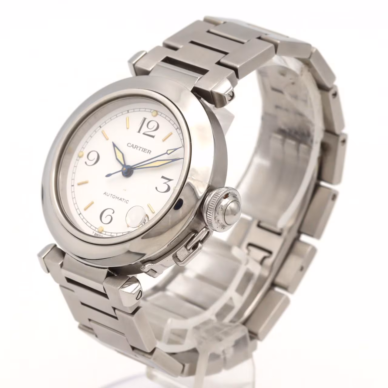 Round steel wristwatch with Arabic numeral dial and integrated steel bracelet.